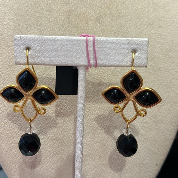 Jet Black Triple Cabochon & Matte Gold Drop Earrings-Boutique - Picture 2 of 4